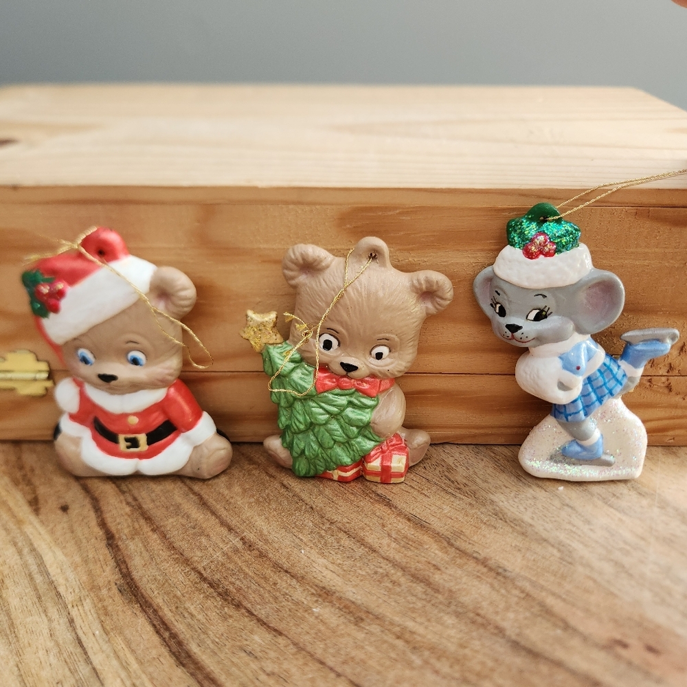 Vintage Set of 3 Christmas Tree Ornaments 2 Bears and a Mouse